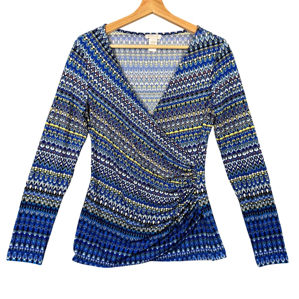 Cache Blue Geometric Tribal Ikat Faux Wrap Ruched Long Sleeve Top Small